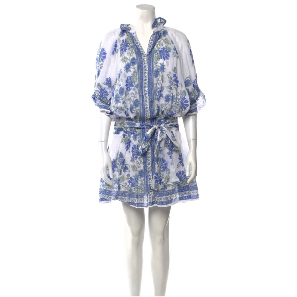 Juliet Dunn Floral Print Blue and White Dress